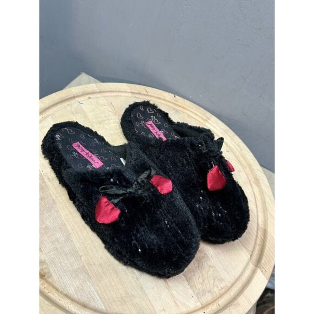 Betsey Johnson Slippers Womens Large Faux Fur Sequin Black #8072 Dangle Hearts